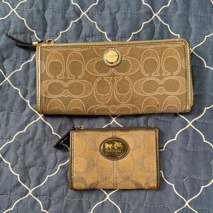 Coach Tan Canvas Zip Wallet and Matching Card Pouch with Gold Hardware